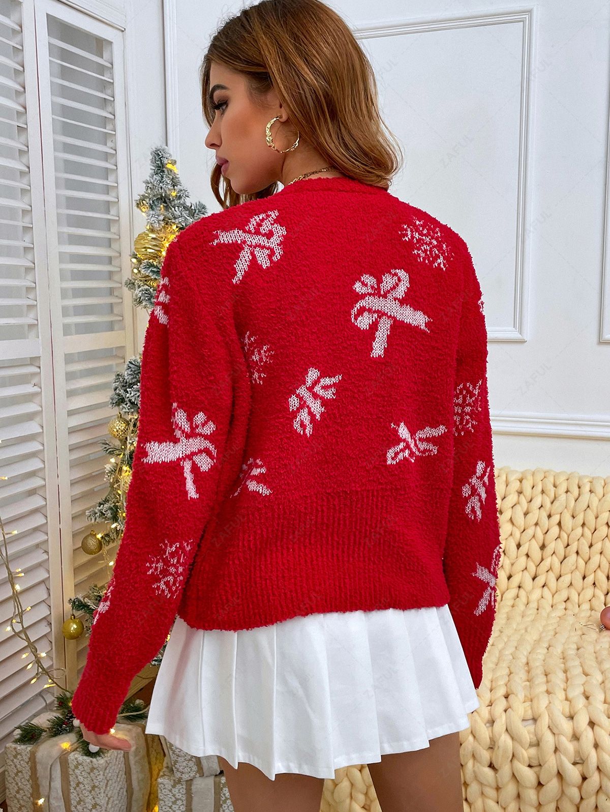   Zaful Christmas Snowflake Bowknot Graphic Cardigan