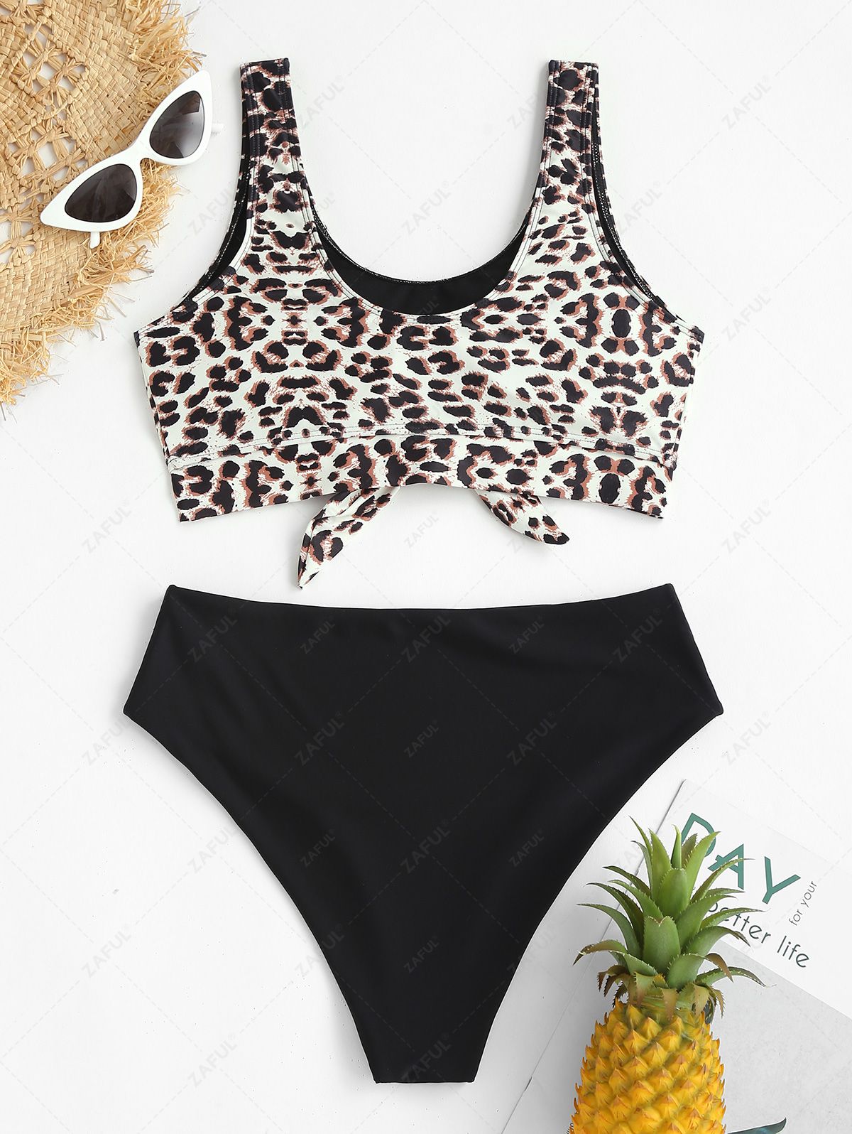  ZAFUL Leopard Knotted Crop Tankini Swimwear