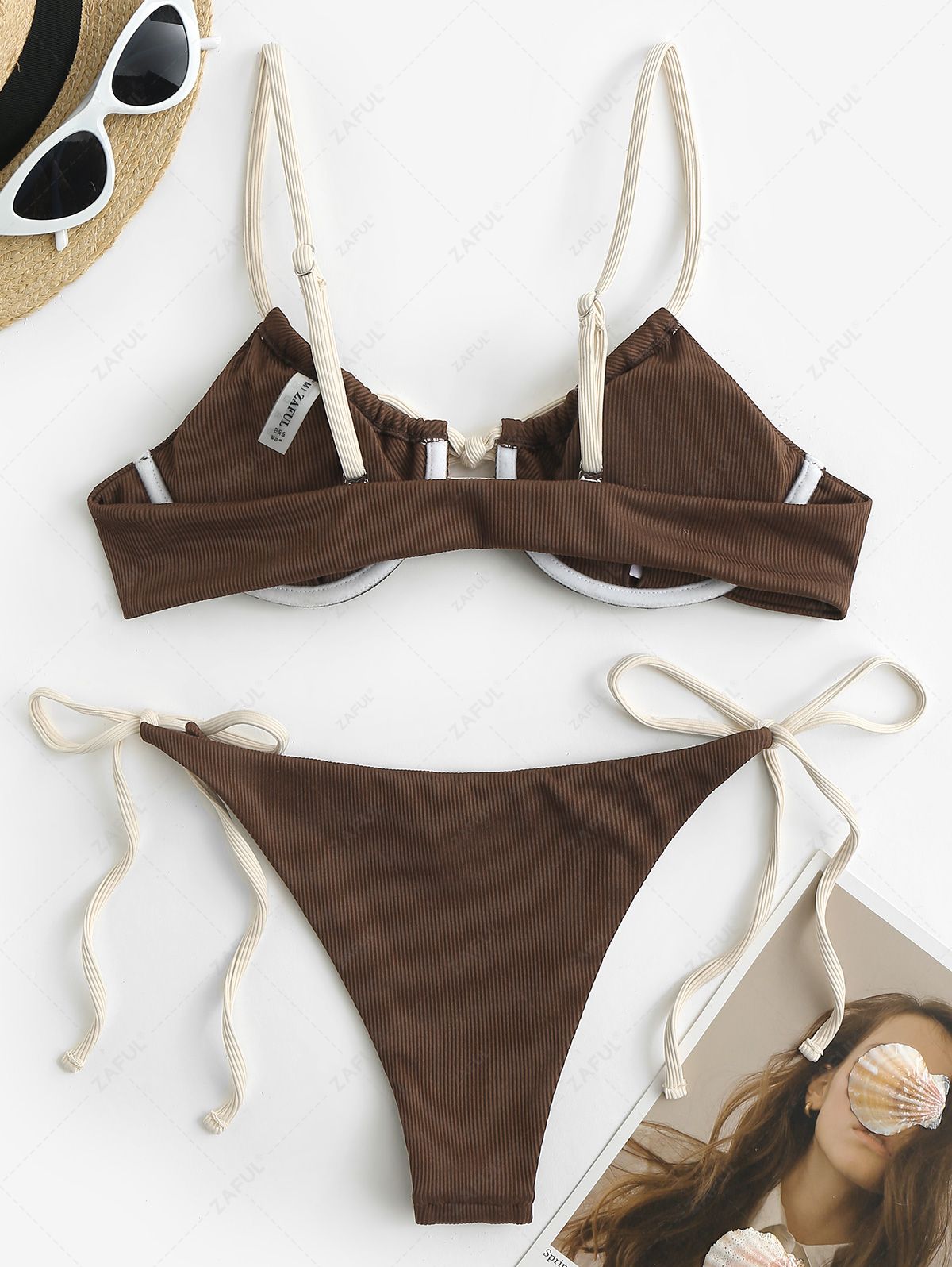 ZAFUL Ribbed Contrast Strap Tie Side Bikini Swimwear