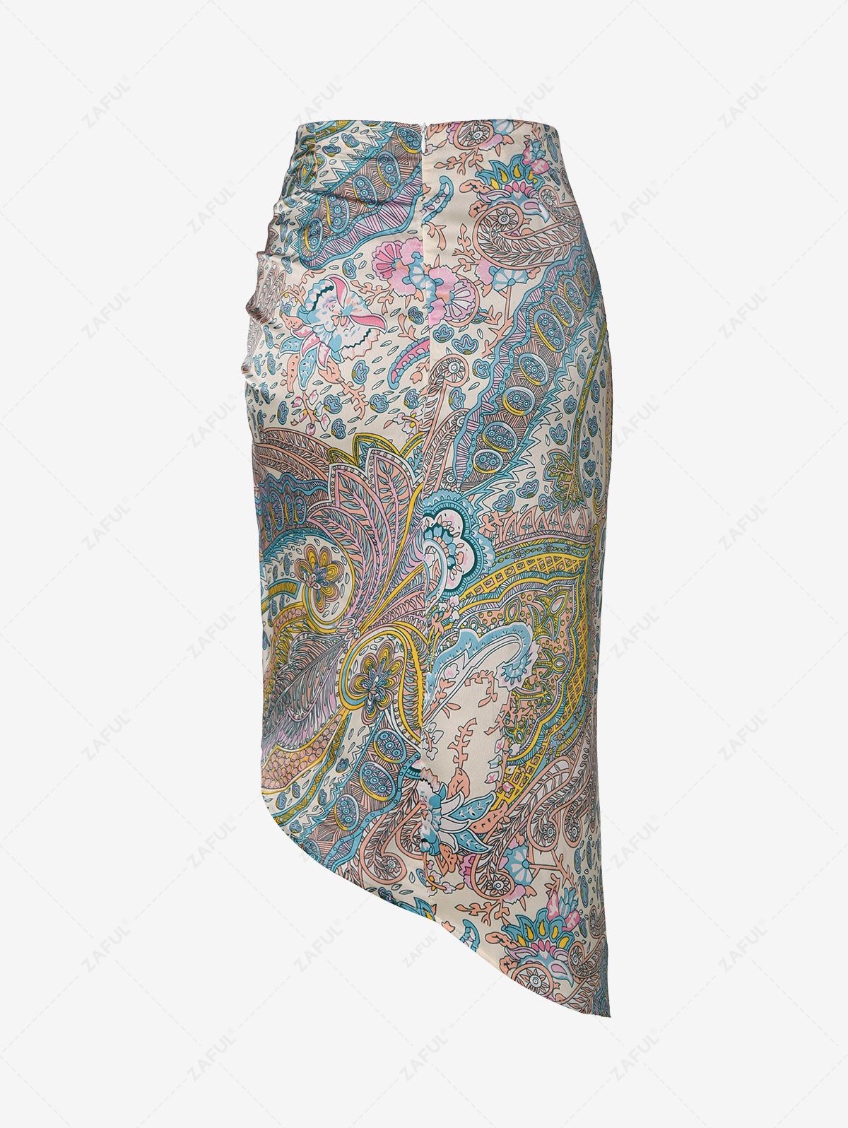   Zaful Asymmetrical Ethnic Printed Ruched Midi Skirt