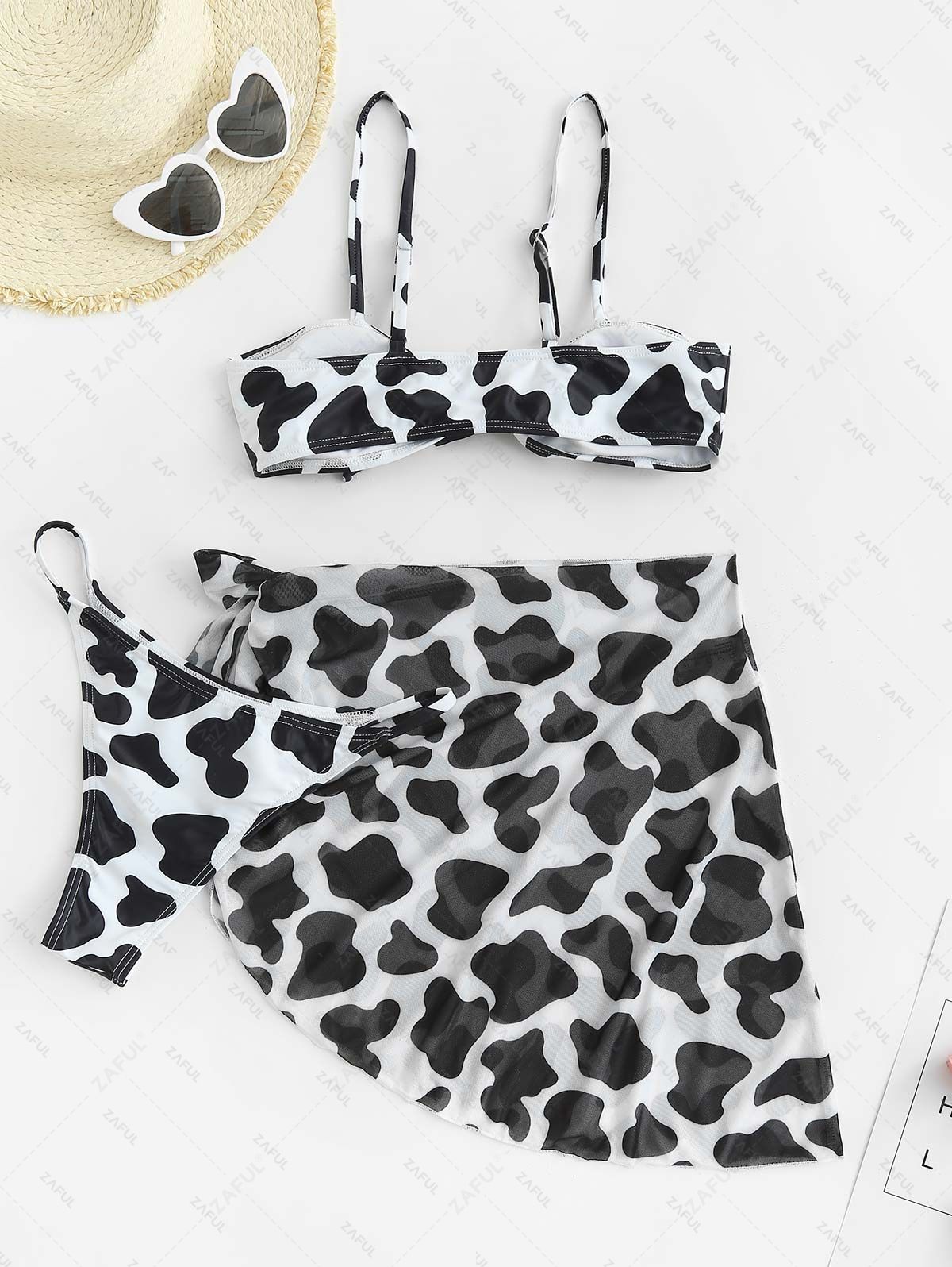 ZAFUL Cow Print Tie Front Sheer Mesh Three Piece Bikini Swimwear