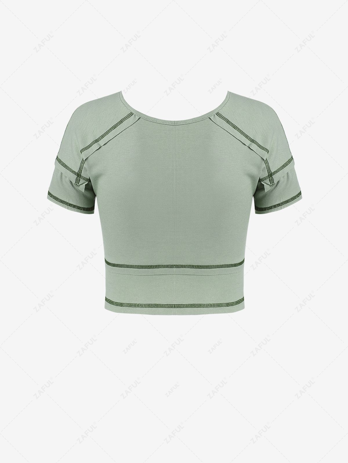   Zaful Ribbed Overlock-style Button Loop Cropped Tee