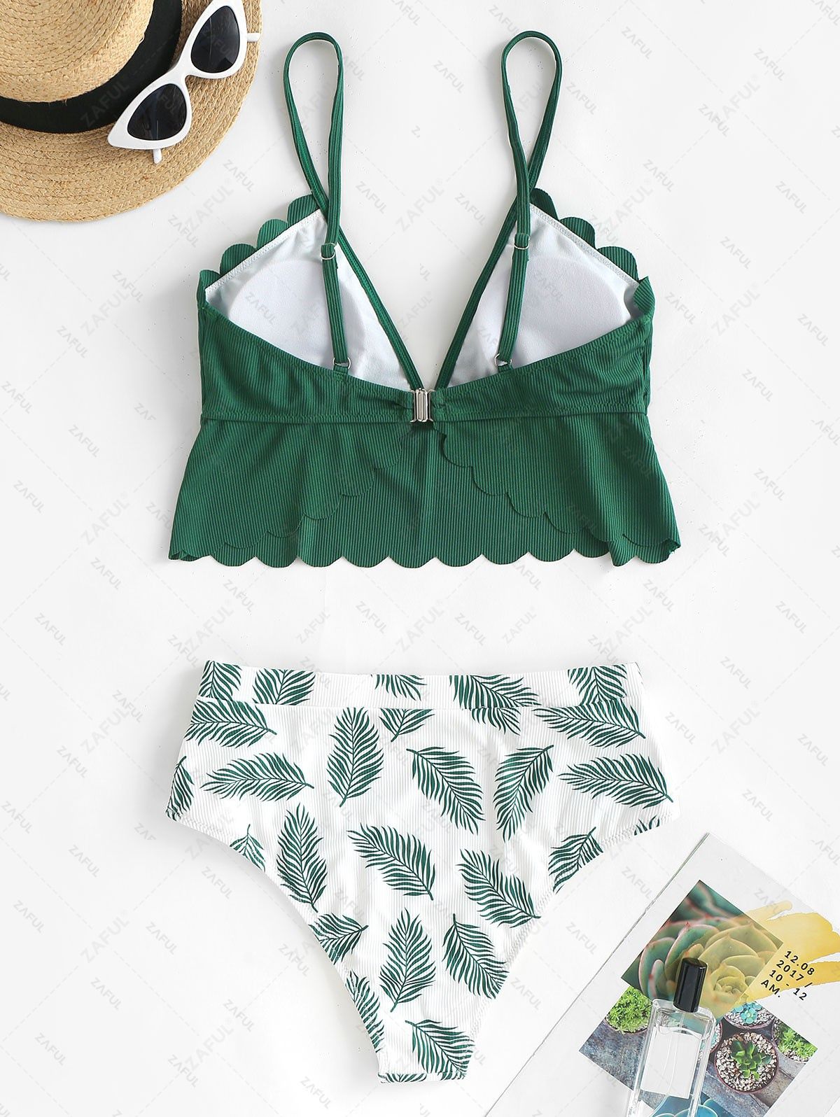  ZAFUL High Waisted Scalloped Plant Print Ribbed Tankini Swimwear