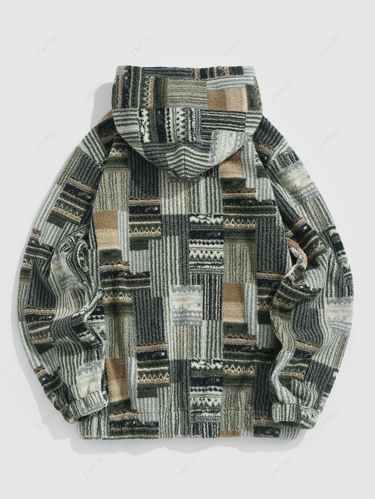 ZAFUL Ethnic Style Geometric Pattern Pullover Fluffy Flannel Hoodie