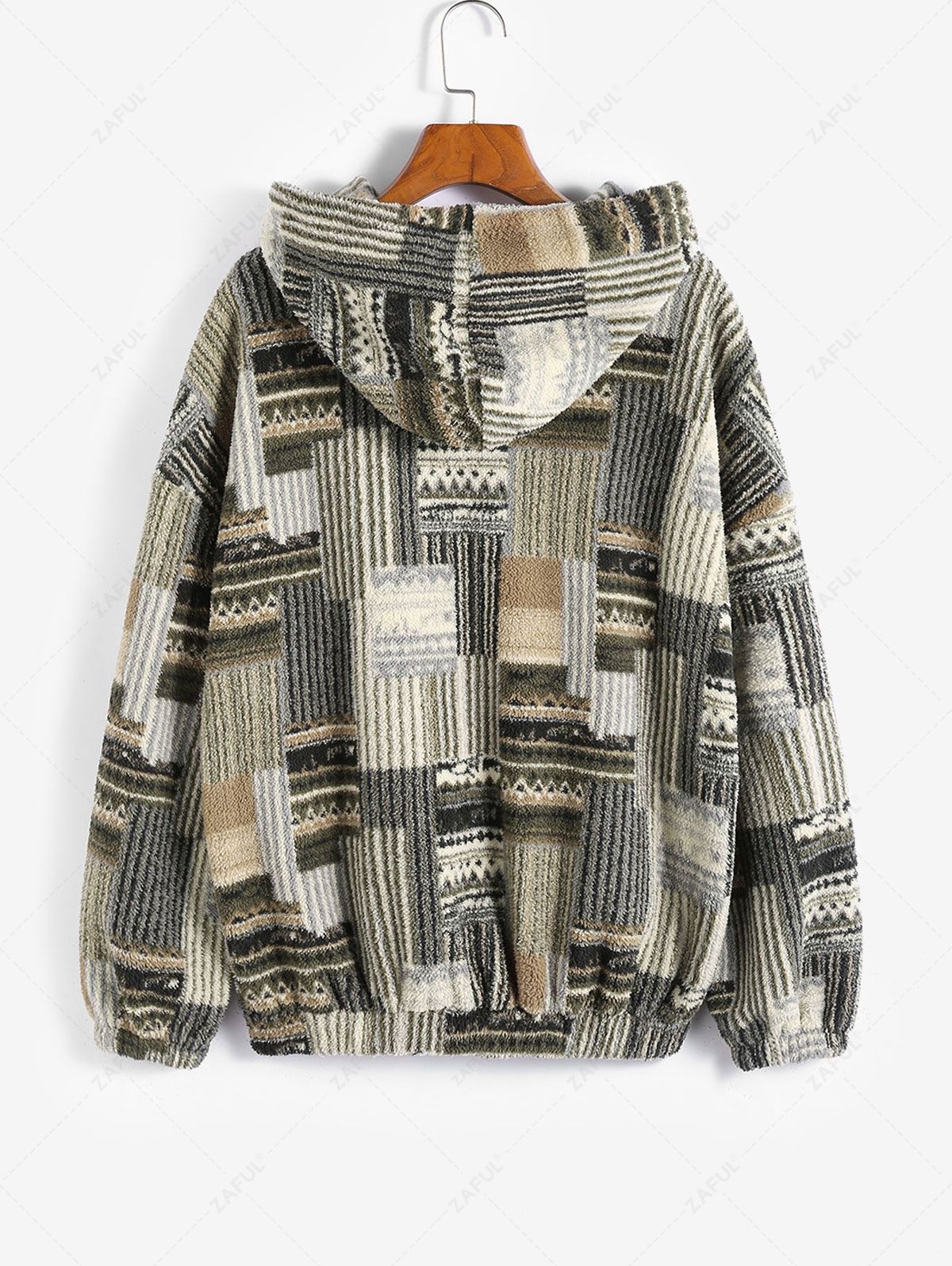 ZAFUL Aztec Patchwork Drop Shoulder Teddy Hoodie