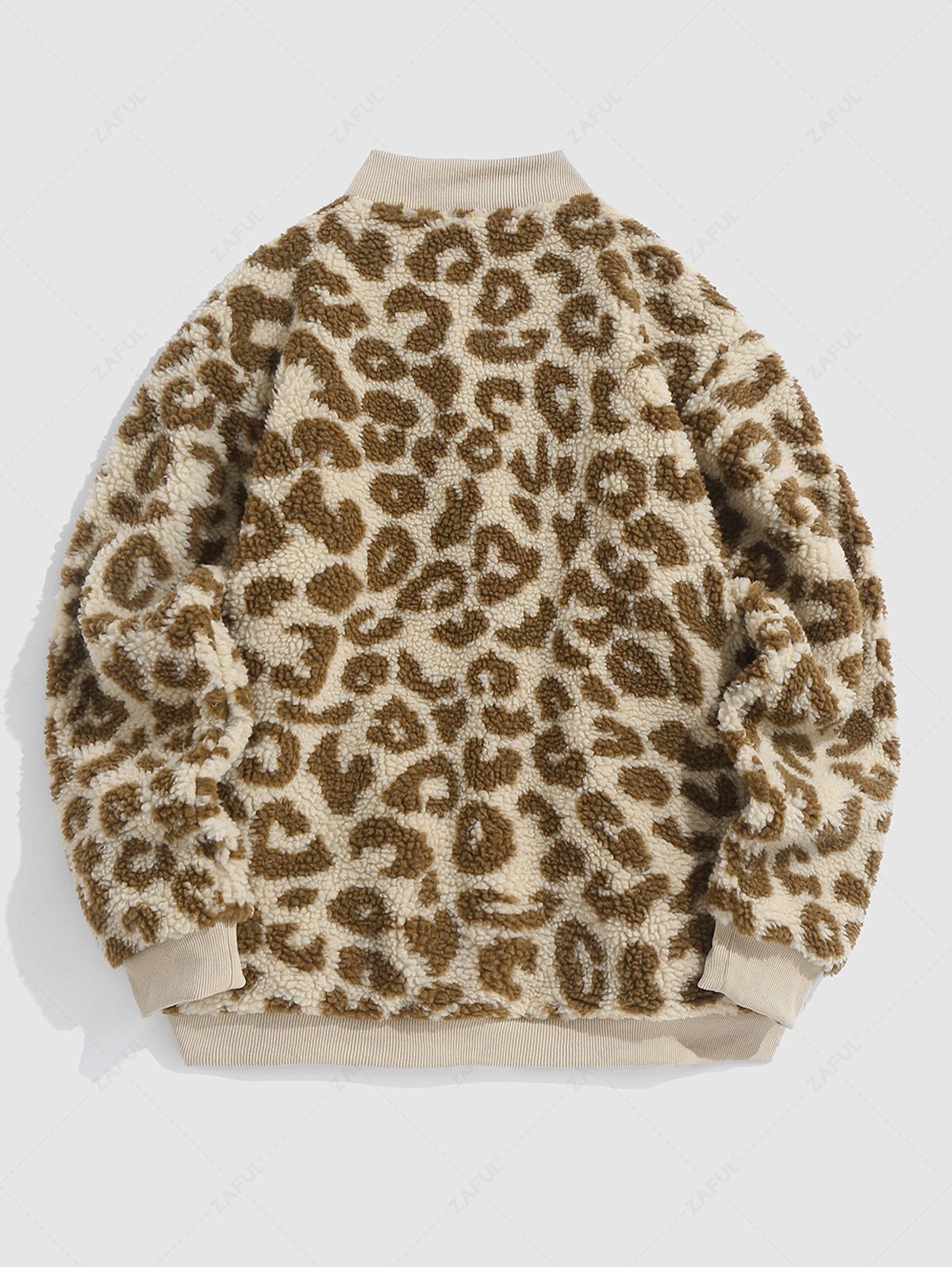 Jackets & Coats ZAFUL Leopard Print Fluffy Faux Sherpa Zip Fly Jacket