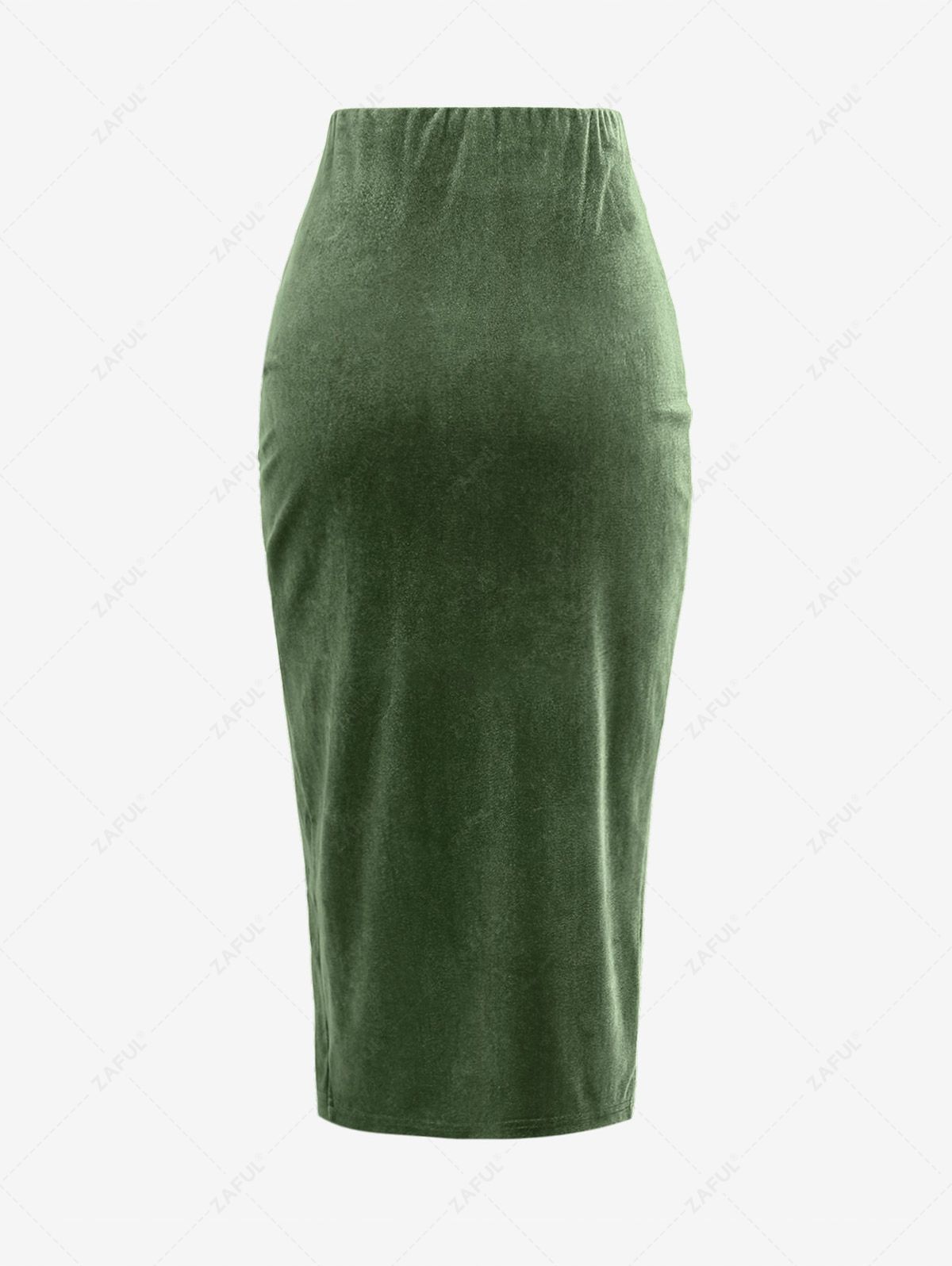 ZAFUL Ruched Draped Velvet Thigh High Slit Midi Skirt