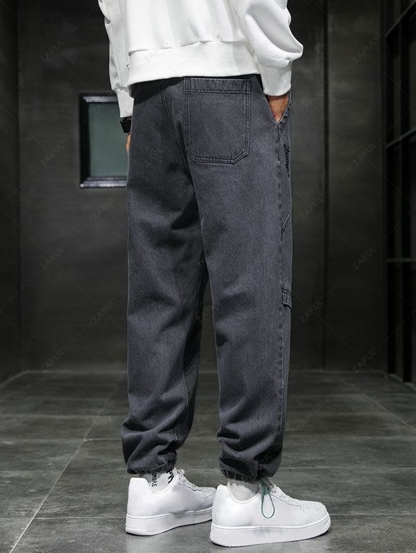 Bear Letter Embroidered Drawstring Jeans
