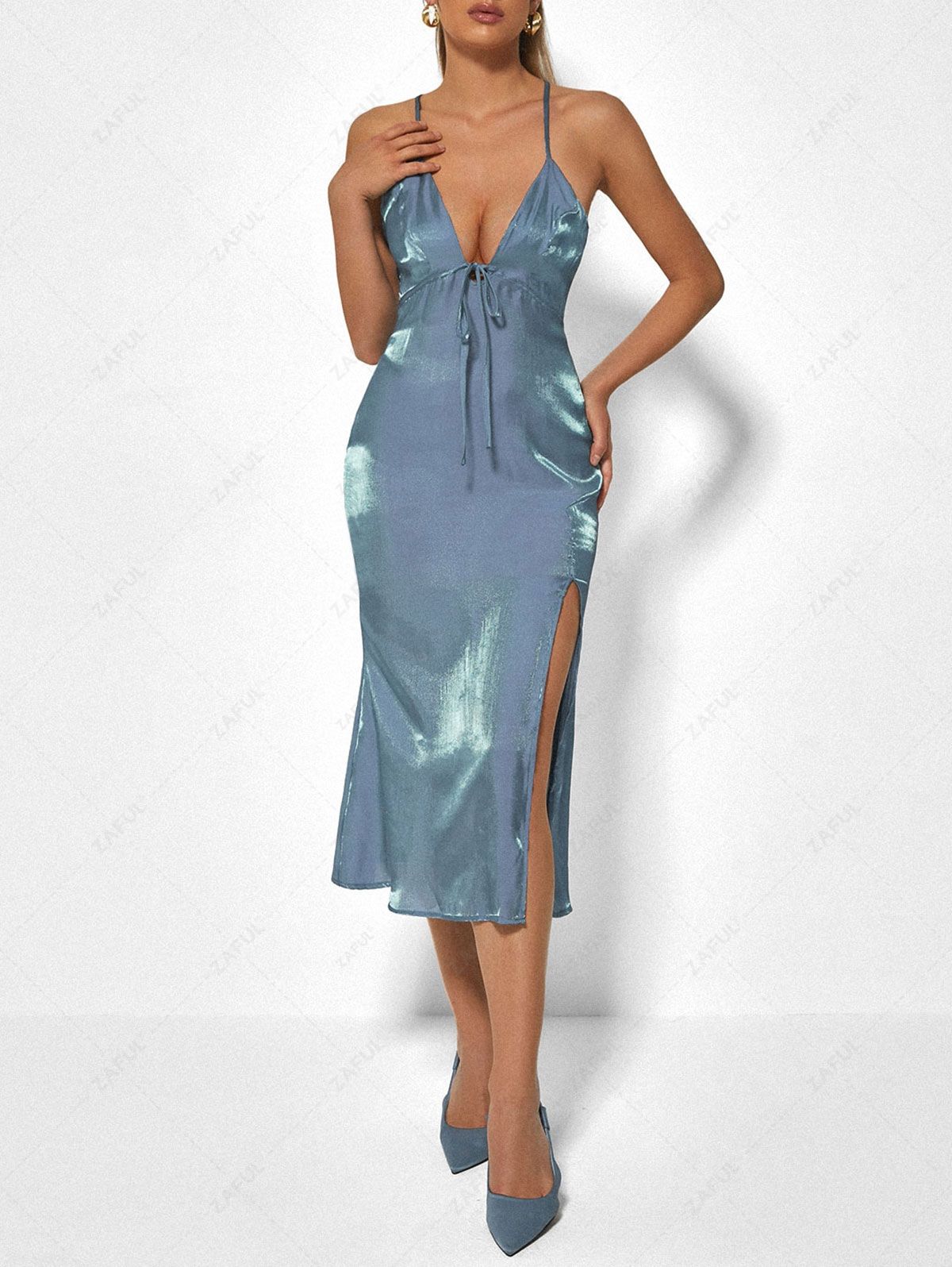 ZAFUL Criss Cross Iridescent Glitter Thigh High Slit Dress