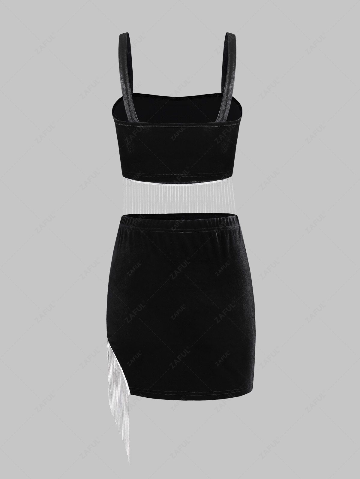  ZAFUL Velour Beading Fringed Asymmetric Skirt Set