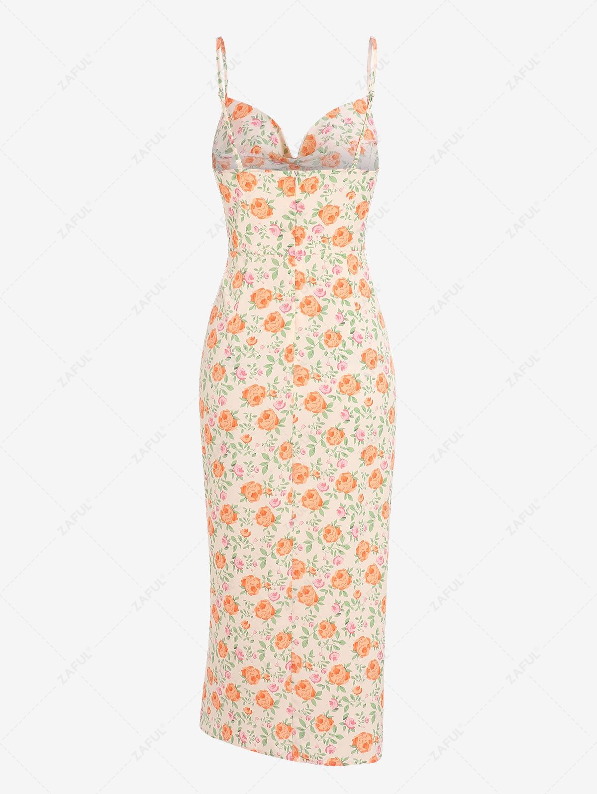 ZAFUL Floral Print Cowl Neck Slit Sheath Midi Cami Dress