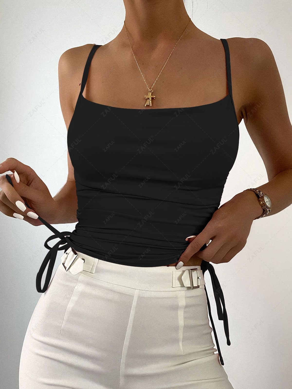 ZAFUL Cowl Neck Cinched Crop Tank Summer High Stretch Slip Flattering Top with Spaghetti Strap