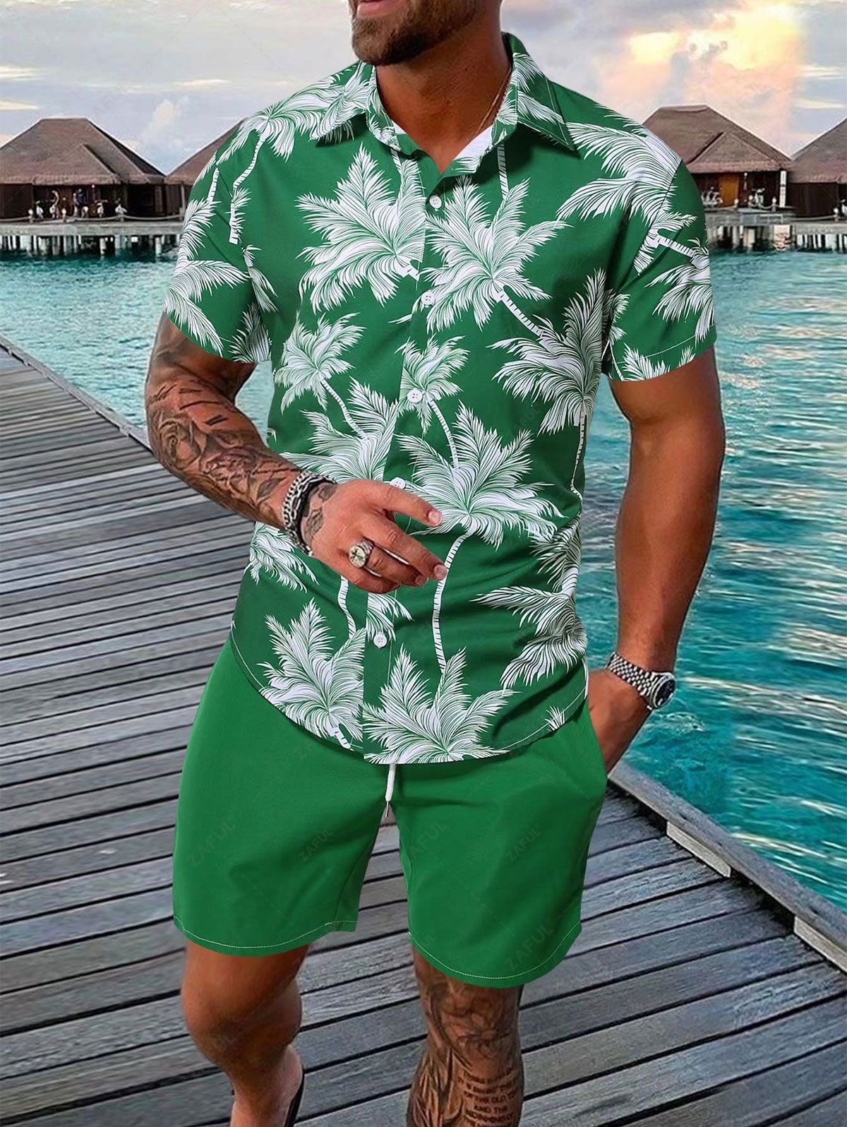   Zaful Tropical Coconut Tree Print Short Sleeve Hawaiian Shirt and Casual Shorts Two Pieces Set