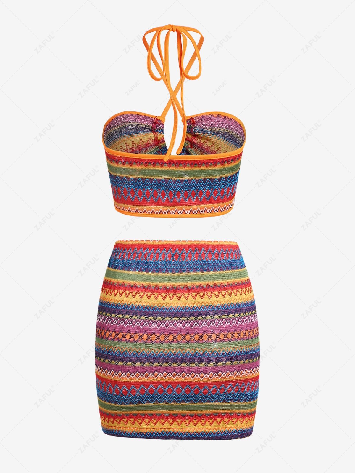 ZAFUL Matching Zig Zag Stripes Knit Criss Cross Halter Top and Skirt