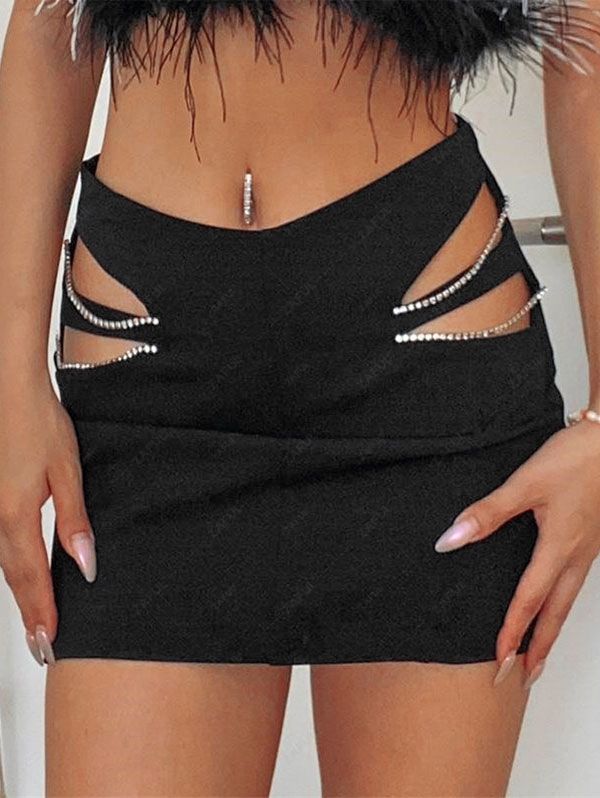   Zaful Sexy Rhinestone Chain Cutout Mini Bodycon Skirt