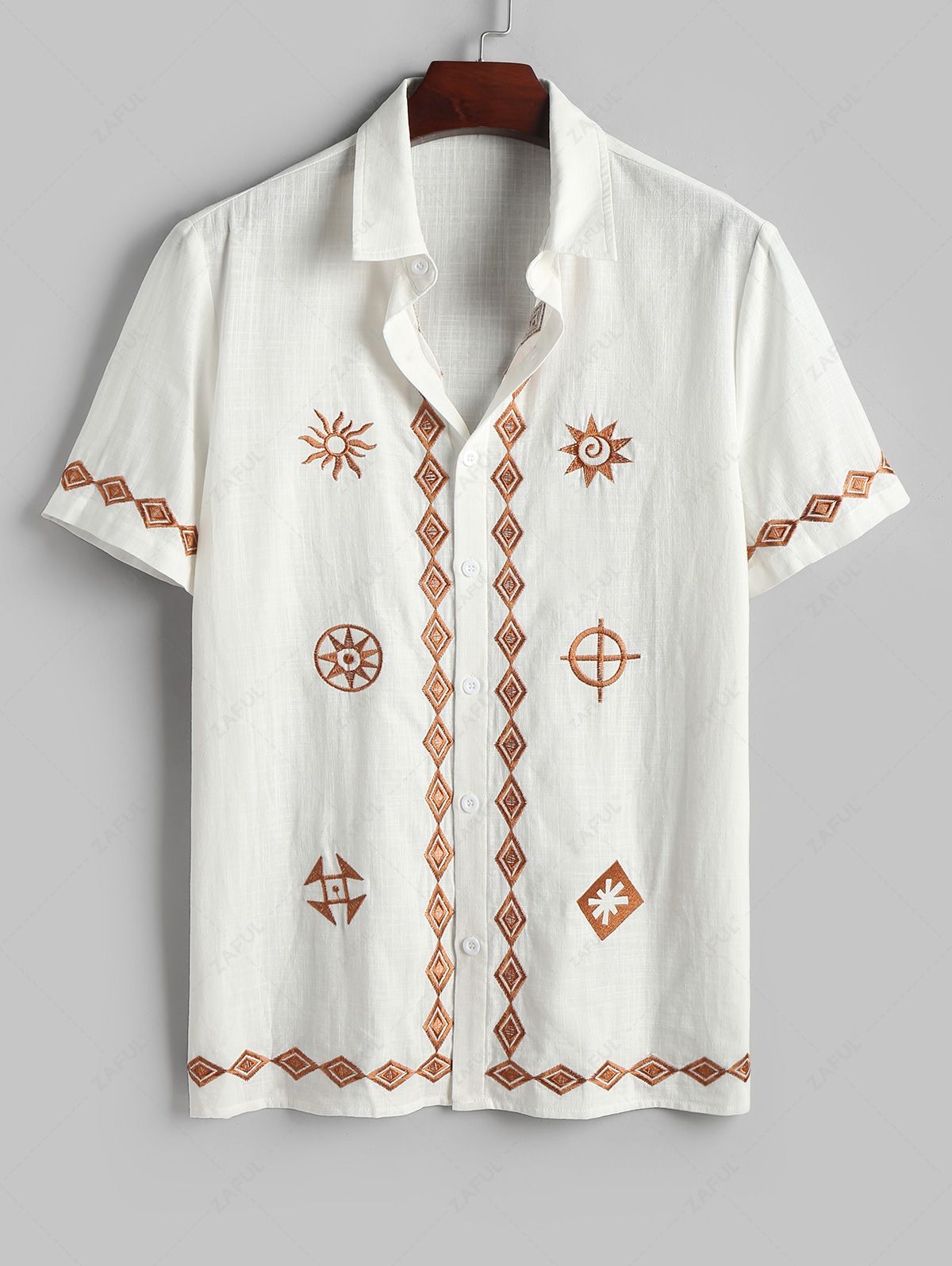  ZAFUL Cotton and Linen Textured Ethnic Printed Geometric Embroidered Shirt and Shorts Set