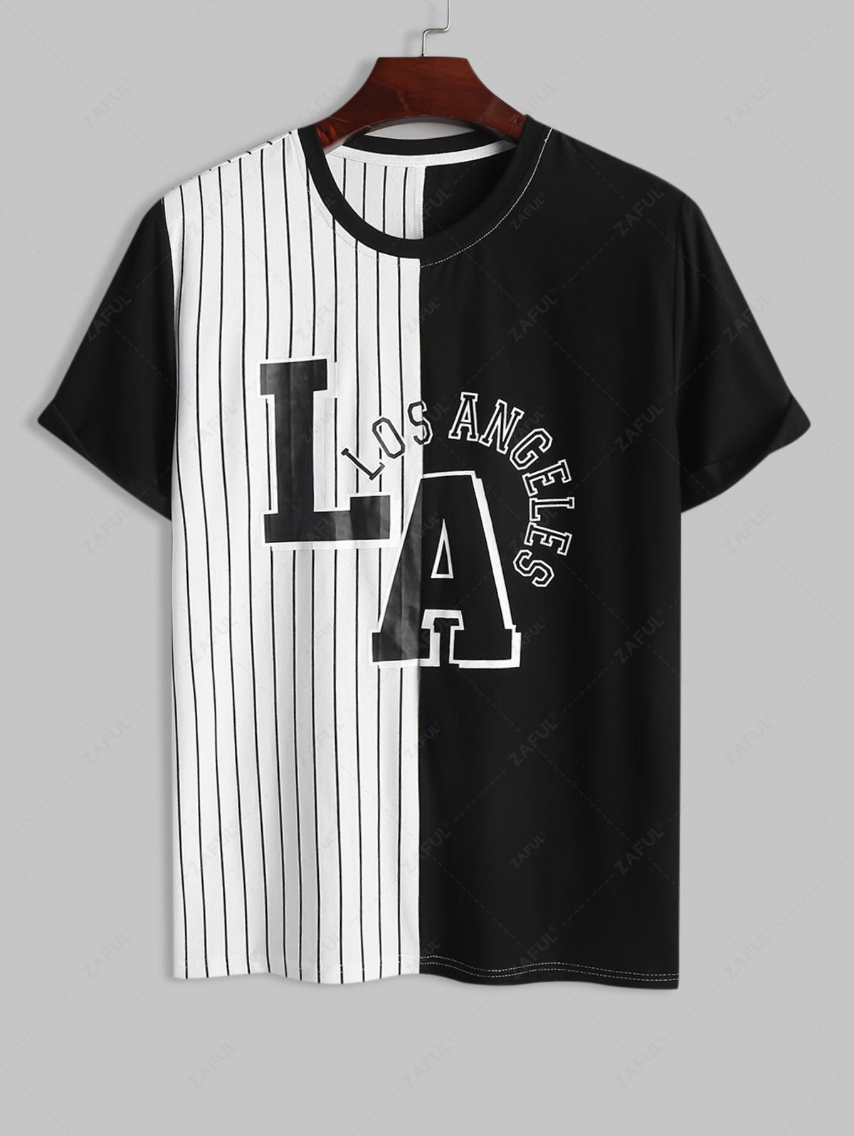  ZAFUL Stripes Panel Letter LOS ANGELES Printed Colorblock T-shirt and Shorts Set