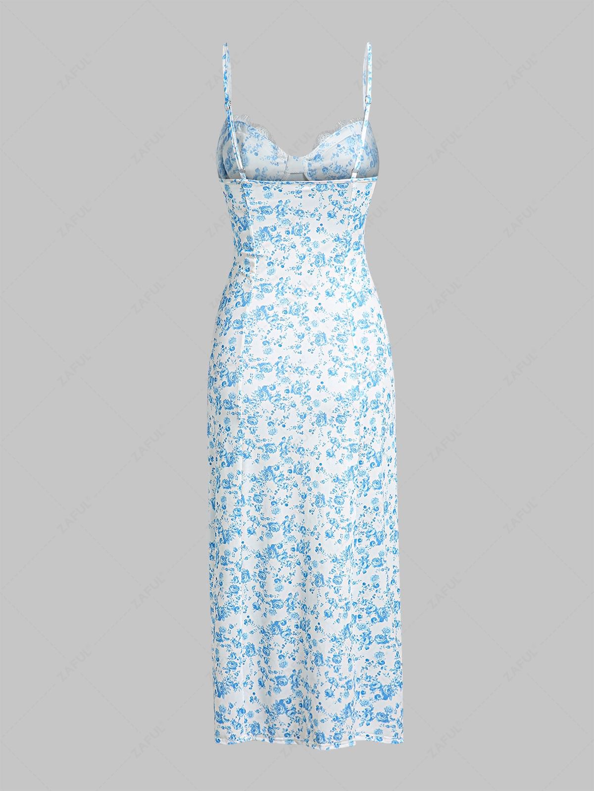 Thigh High Slit Floral Lace Trim Bustier Cami Midi Dress