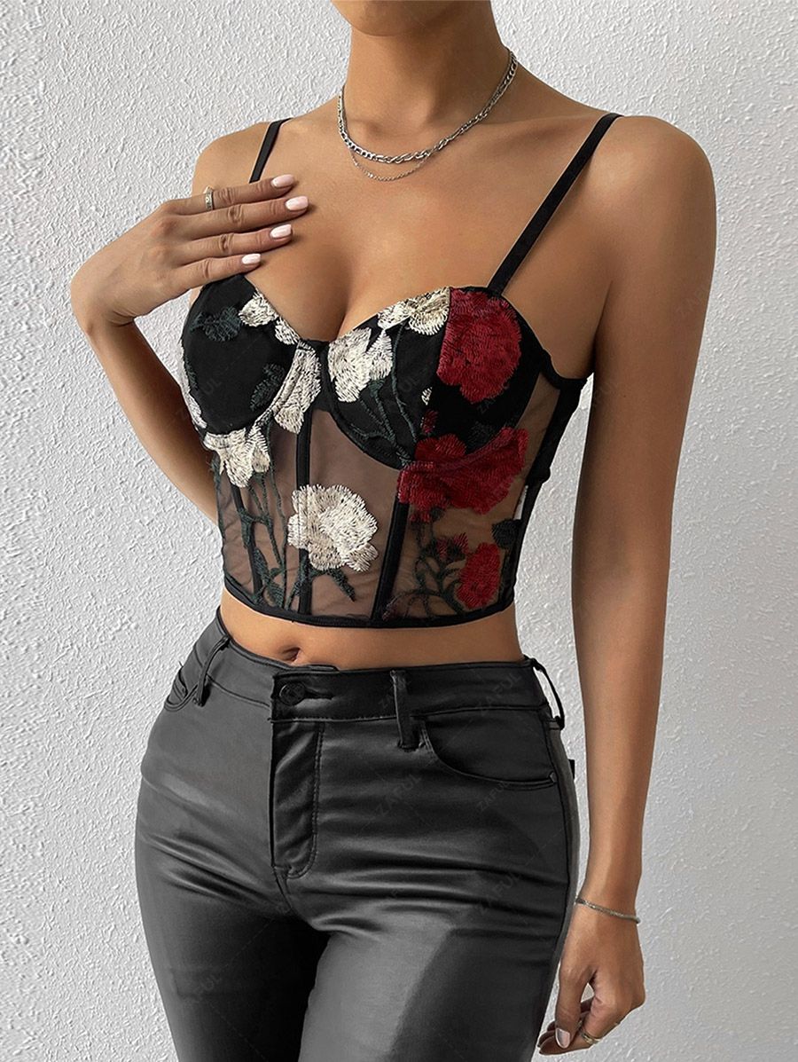   Zaful Women's Sexy Floral Embroidered Sheer Mesh Underwire Fishbone Crop Corset Camisole and Cinched Notched Front Solid Asymmetrical Skirt Set