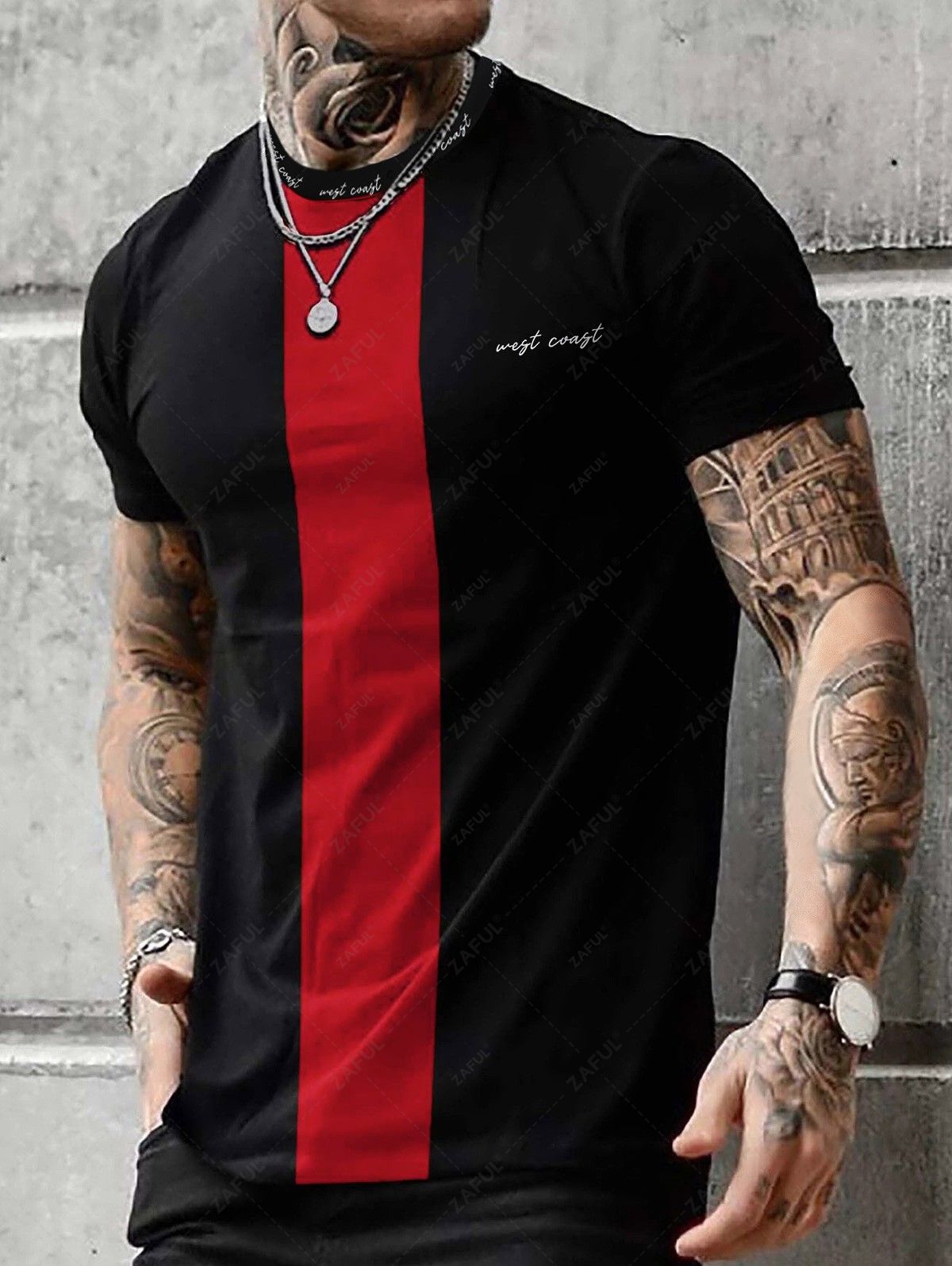 Short Sleeve T-shirts ZAFUL Men's Colorblock West Coast Pattern Short Sleeves Crew Neck T-shirt