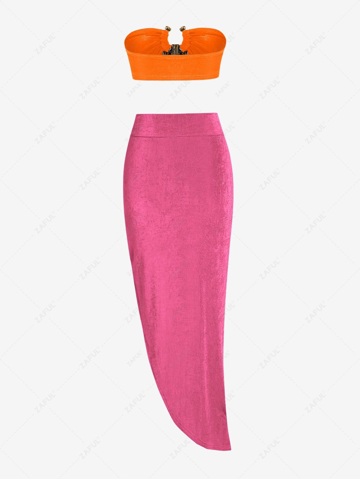  Women's Metal Decor Jersey Bandeau Crop Top And High Slit Skirt Set