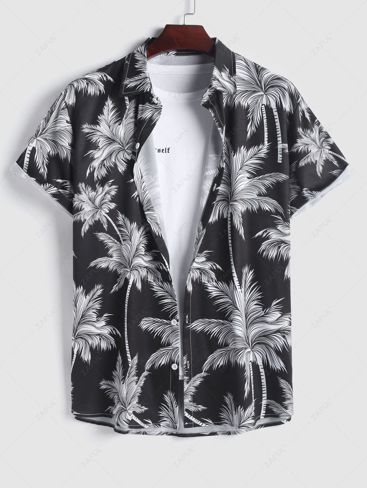 Men's Tropical Print Hawaiian Summer Beach Vacation Set Plant Coconut Tree Short Sleeve Button Shirt and Solid Label Design Drawstring Shorts