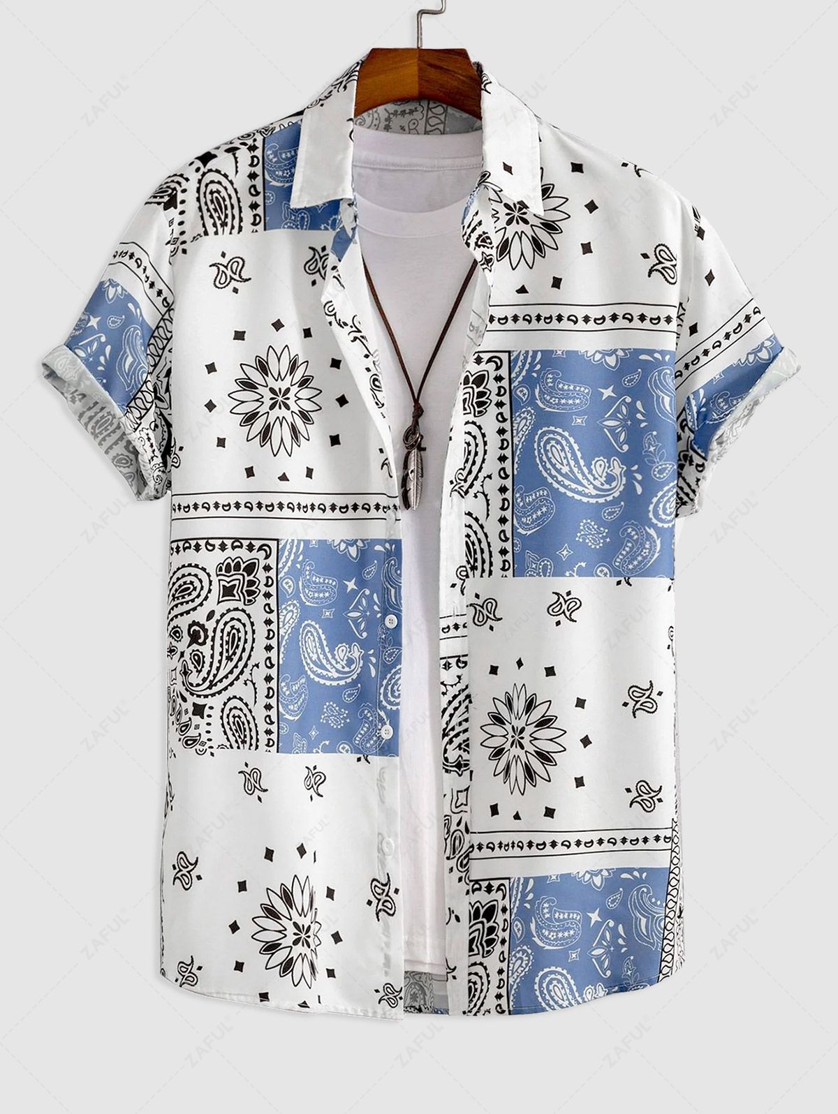   Zaful Men's Ethnic Style Paisley Floral Print Pattern Block Retro Casual Short Sleeves Shirt and Vacation Drawstring Board Shorts Set