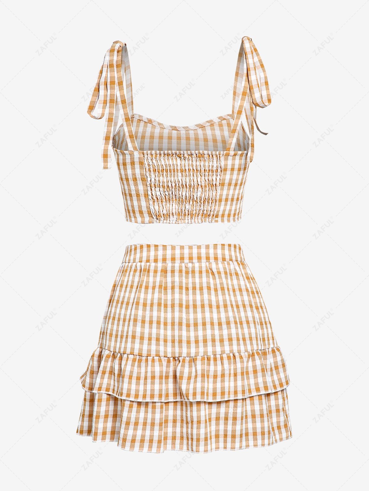  ZAFUL Gingham Tie Shoulder Top and Layered Skirt Set