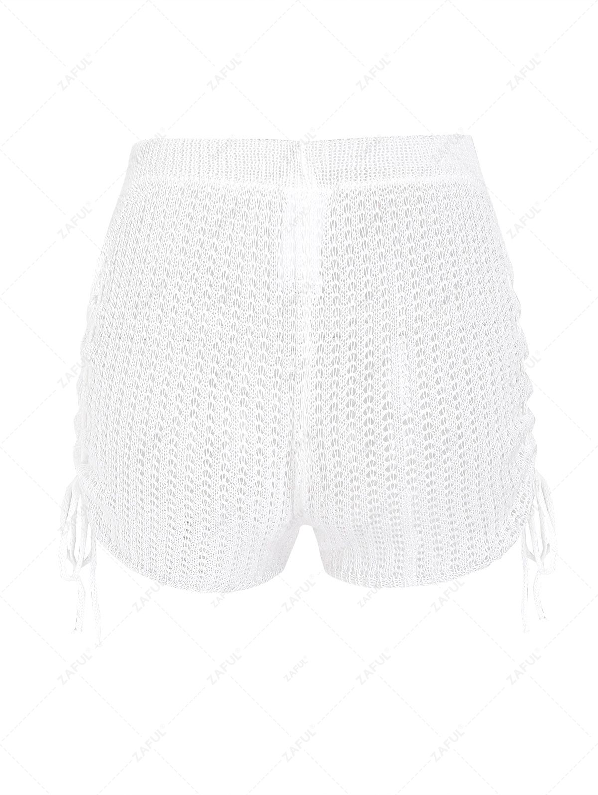 Beach Bottoms  Zaful Women's Beach Sexy Openwork Crochet Cinched Sides Tie Ruched See Thru Solid Color Skinny Boyshort Style Swim Shorts