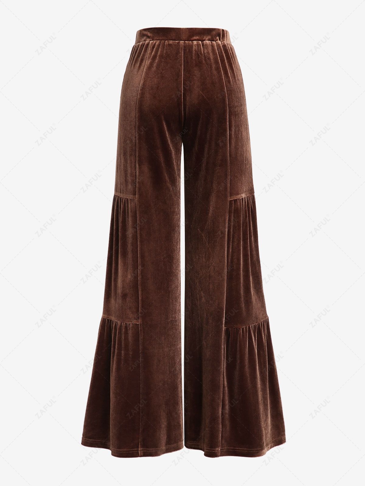 ZAFUL Women's Ruched Tiered Solid Color Velvet Wide Leg Bell Bottom Pants