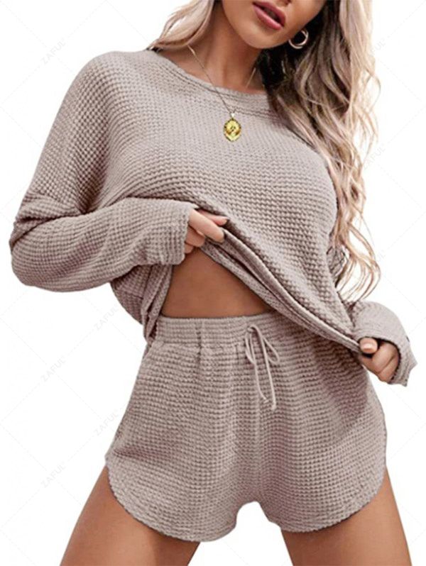 Short Sets  Zaful Women's Casual Athleisure Lounge Matching Co Ord Solid Color Textured Long Sleeve Drop Shoulder Pullover Sweatshirt and Tied Shorts Two Piece Set