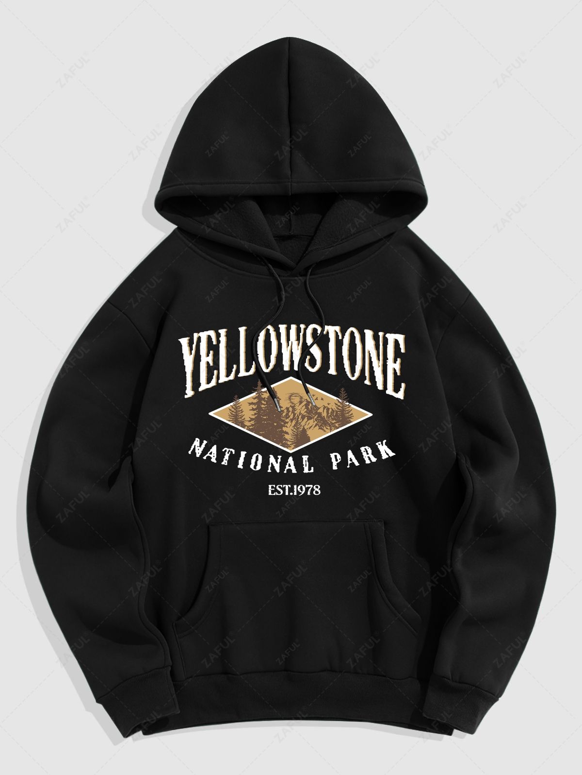  Men's YELLOWSTONE NATIONAL PARK Trees Pattern Fuzzy Fleece-lined Kangaroo Pocket Pullover Hoodie and Solid Color Thermal Casual Sweatpants Set