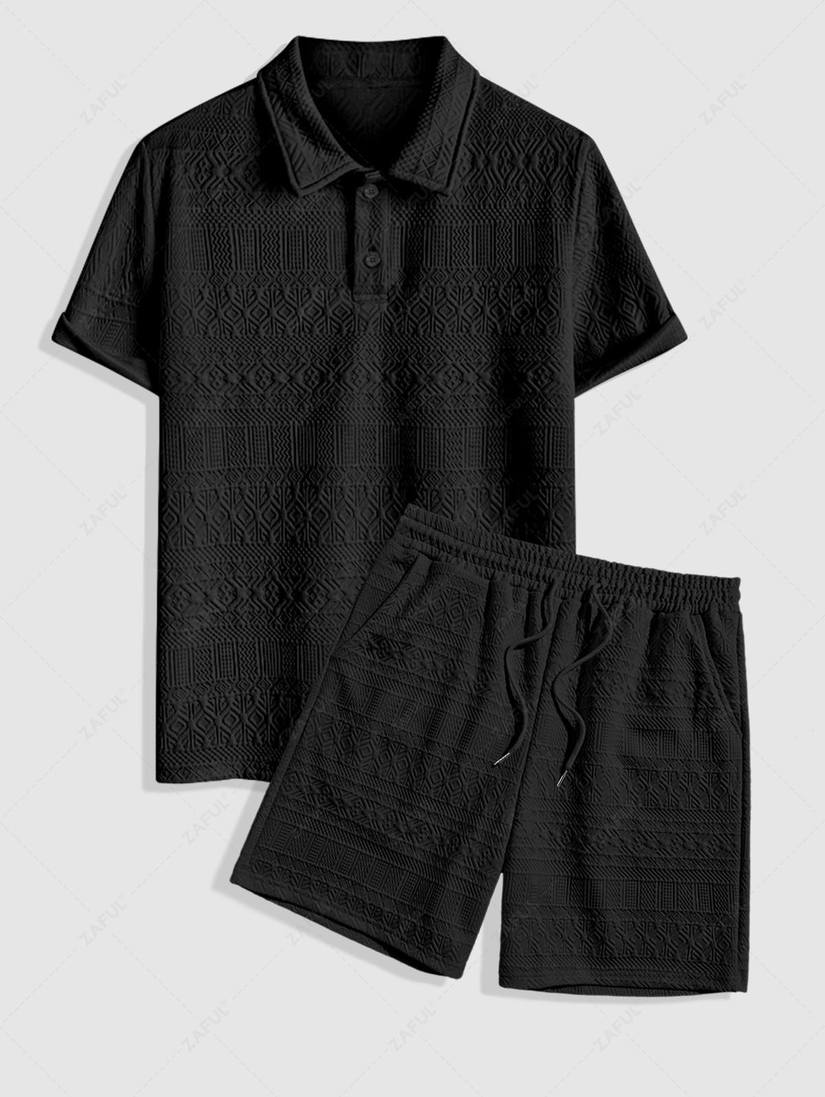  Geometric Retro Jacquard Textured Quarter Button Short Sleeves Polo Collared T Shirt and Shorts Set