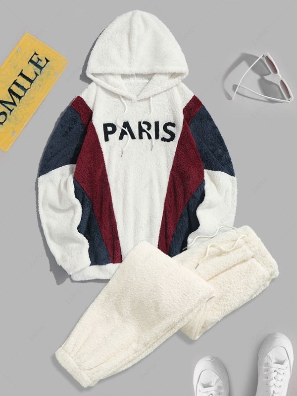  PARIS Embroidered Fuzzy Pullover Hoodie and Fluffy Teddy Beam Feet Pants Faux Fur Set