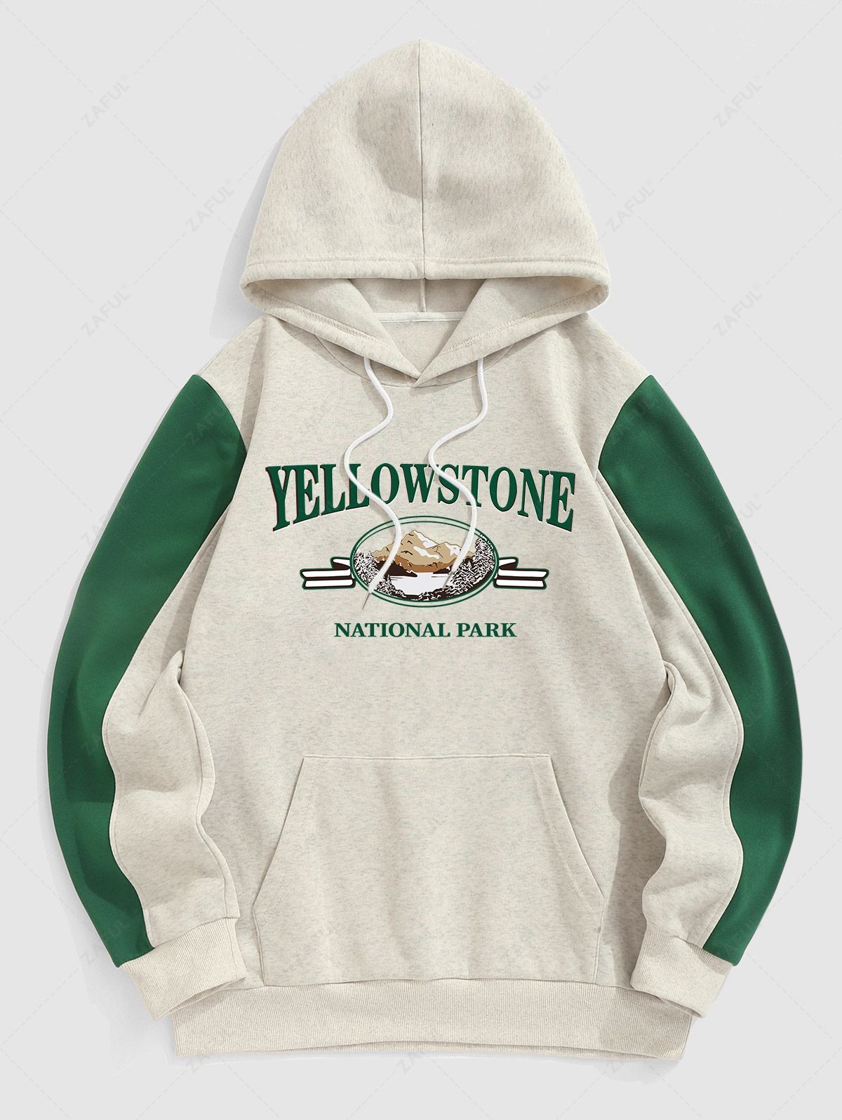   Zaful Men's YELLOWSTONE NATIONAL PARK Letter Mountain Pattern Fleece-lined Kangaroo Pocket Pullover Hoodie and Colorblock Slant Pocket Drawstring Beam Feet Jogger Pants Set