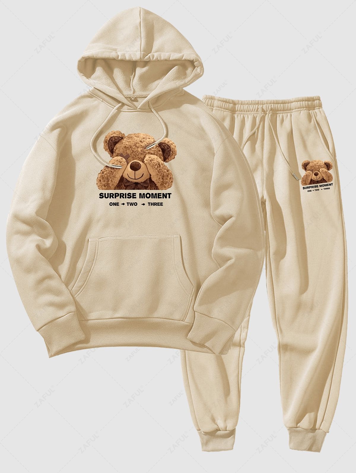  Men's Cartoon Bear Letter Graphic Pattern Kangaroo Pocket Fleece-lined Hoodie and Beam Feet Drawstring Jogger Pants Set