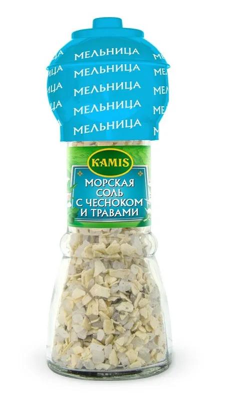 Морская соль Kamis с чесноком и травами, мельница, 60гр