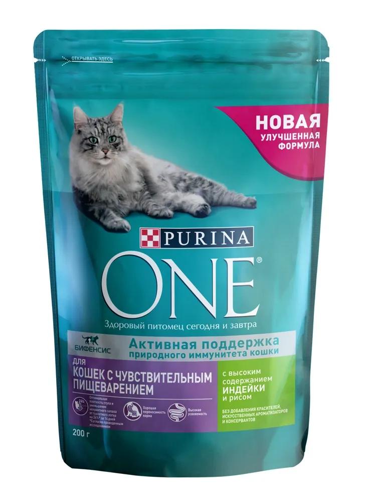 Сухой корм Purina ONE для кошек с чувствительным пищеварением, с индейкой и рисом, 200гр