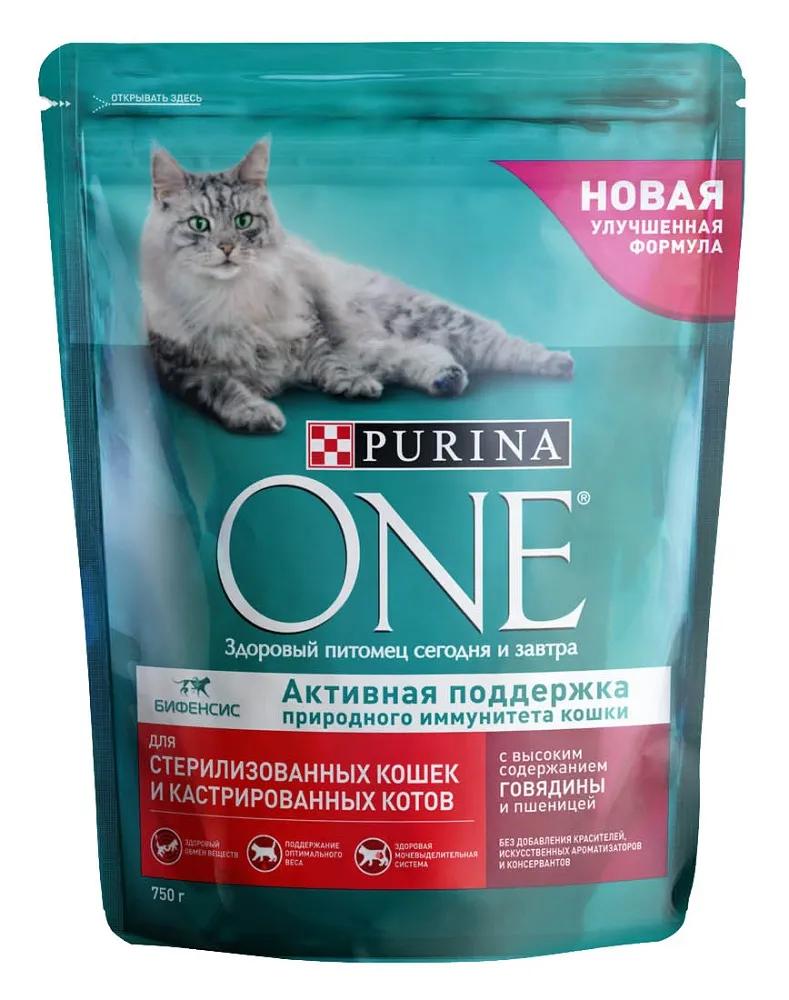 Сухой корм Purina ONE для стерилизованных кошек и котов, с говядиной и пшеницей, 750гр