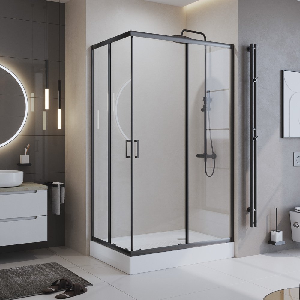 Душевой уголок BelBagno Uno 120х100 UNO-195-AH-2-120/100-C-NERO стекло прозрачное, профиль черный, без поддона