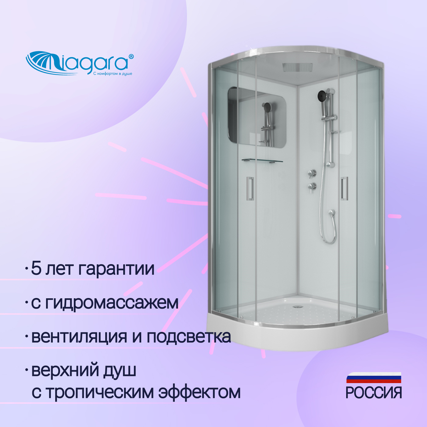 Душевая кабина Niagara Premium NG-6002-01 100x100 поддон низкий, стекло прозрачное, профиль хром