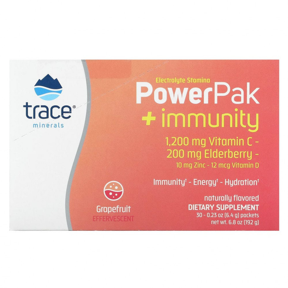 Trace Minerals ®, Electrolyte Stamina, PowerPak + Immunity, грейпфрут, 30 пакетиков по 6,4 г (0,23 унции)