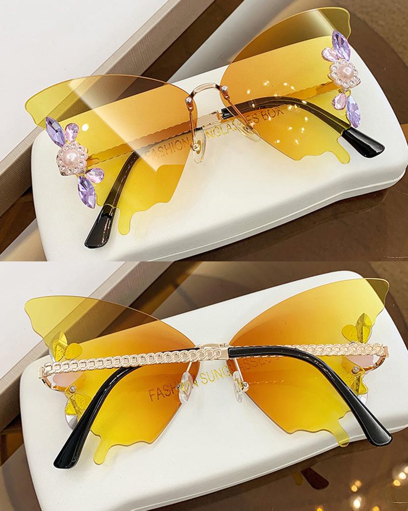 1Pair Crystal Floral Pattern Butterfly Wings Shaped Sunglasses