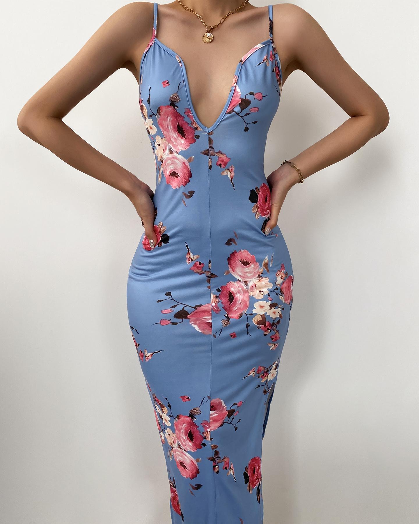 Floral Print Plunging Neck Bodycon Cami Dress