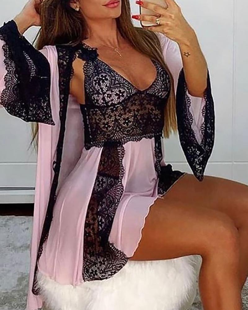 Robe &Gown Sets Crochet Lace Backless Babydoll With Robe