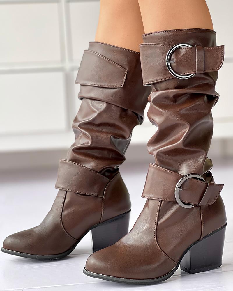 Buckled Chunky Heel Ruched Calf Boots