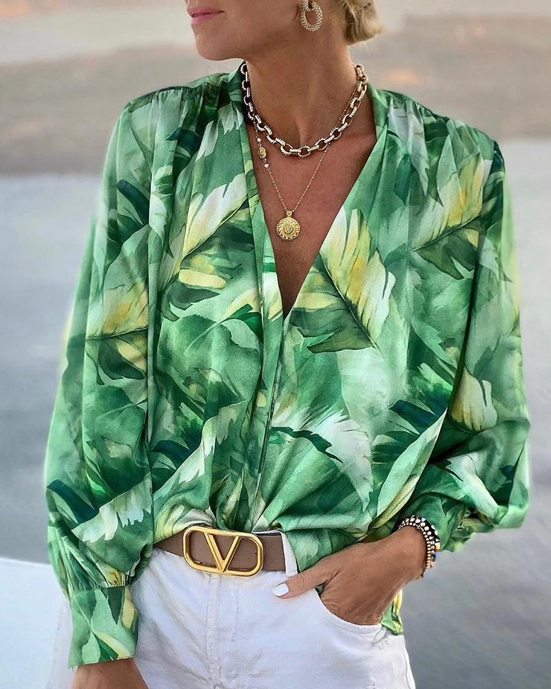 Tropical Print Lantern Sleeve Plunge Top