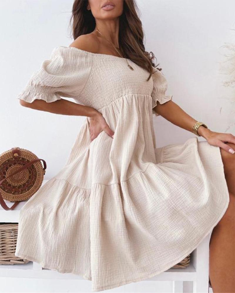 Casual Dresses Off Shoulder Puff Sleeve Shirred Swing Dress