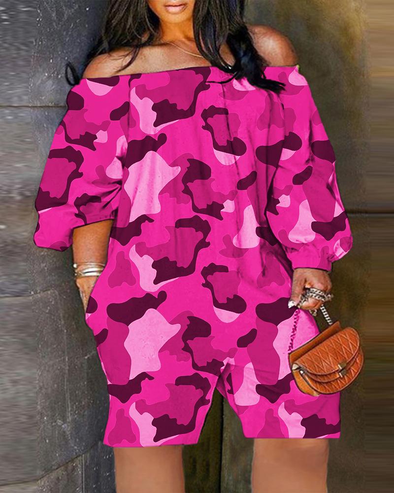 Jumpsuits&Rompers Plus Size Camouflage Print Off Shoulder Casual Romper