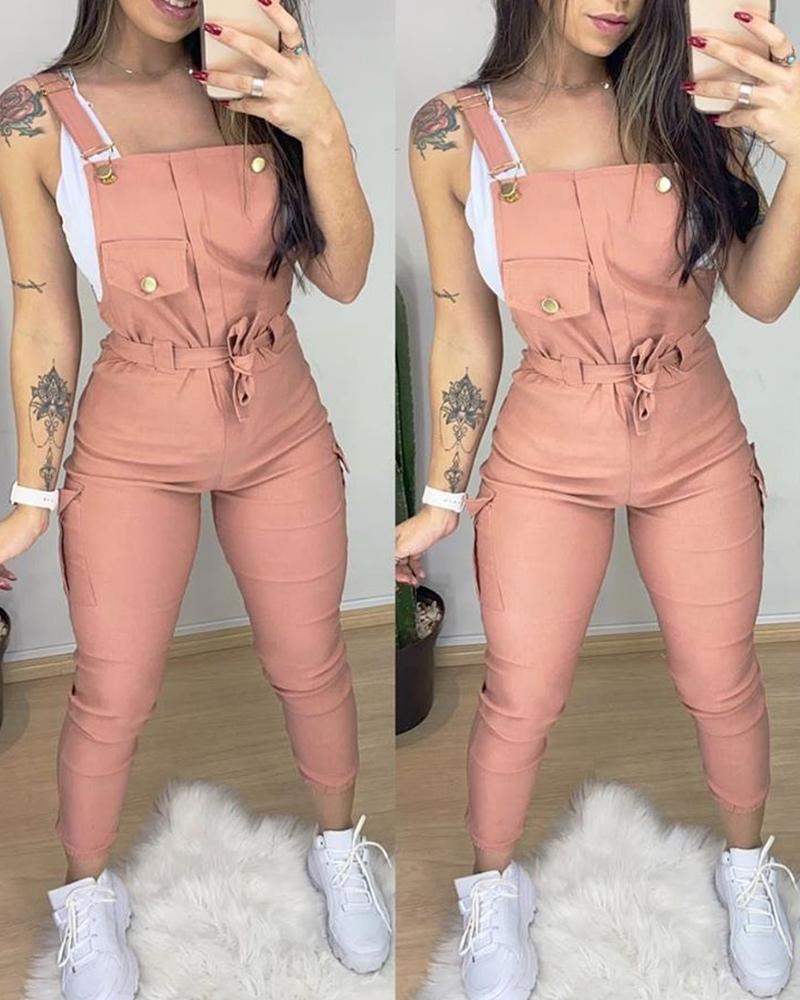 Pocket Design Plain Suspender Jumpsuit